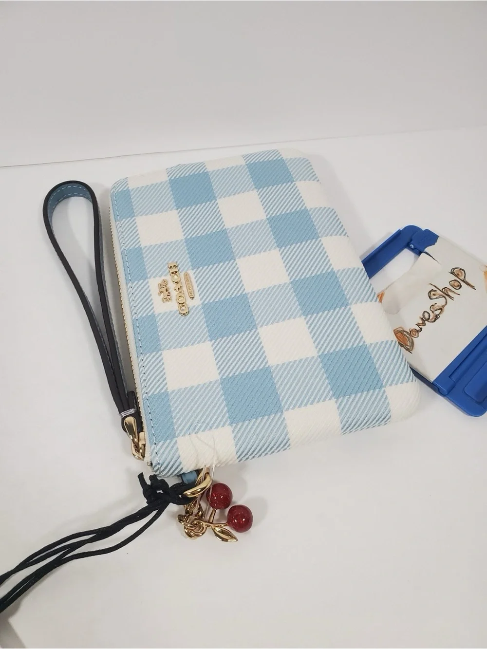 Coach Blue Gingham Wristlet Pouch with Cherry charm NWT